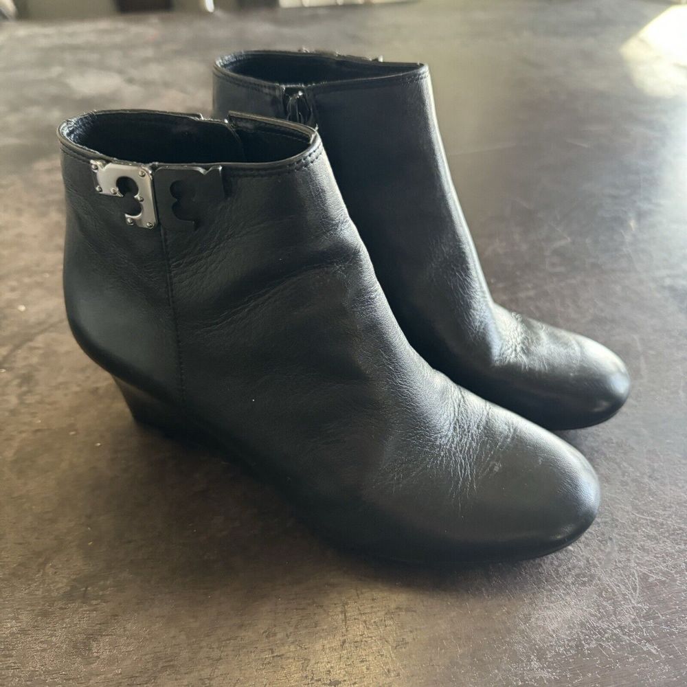 Tory Burch Black Leather Ankle Booties with Silver Logo Accent